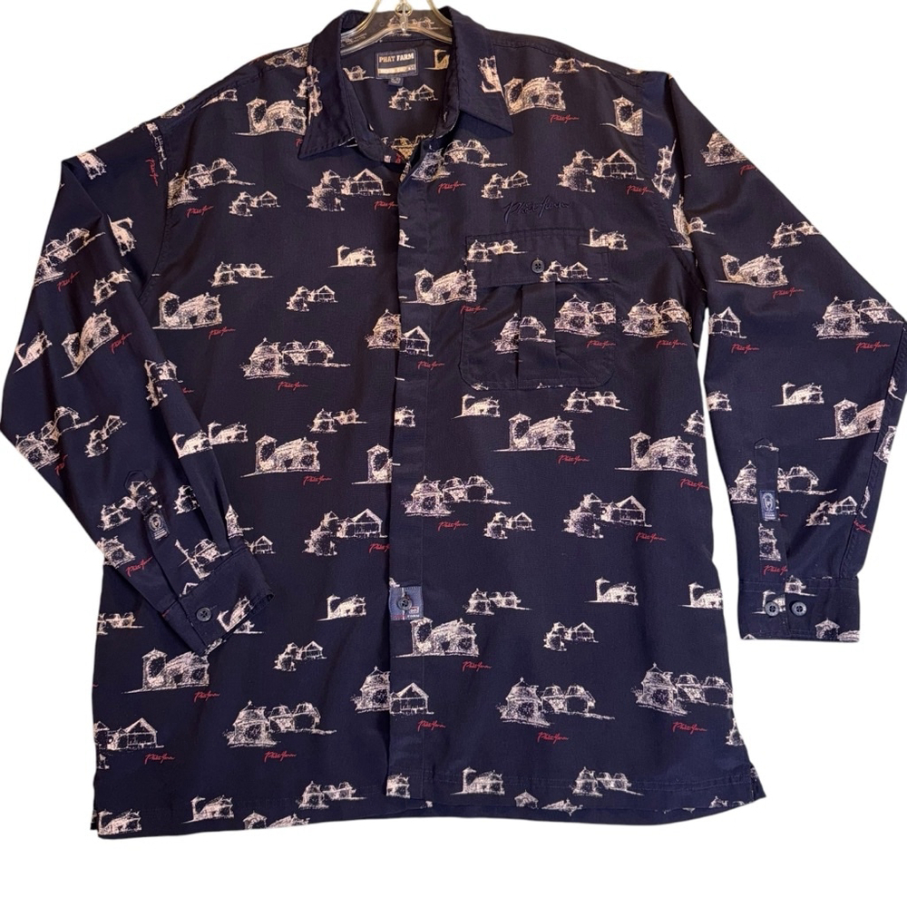 Phat Farm Shirt XL All Over Print Navy White Barn